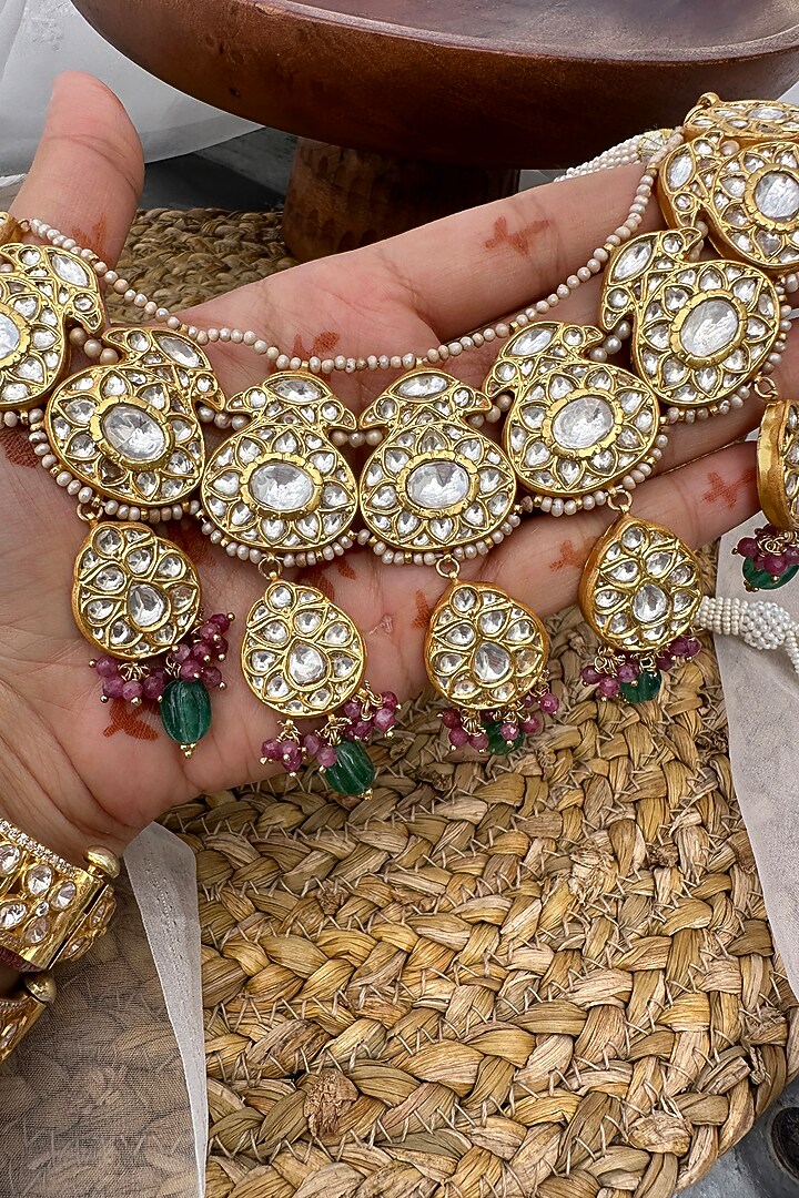 Gold Plated Kundan Polki Necklace Set In Sterling Silver by OSVAG INDIA at Pernia's Pop Up Shop