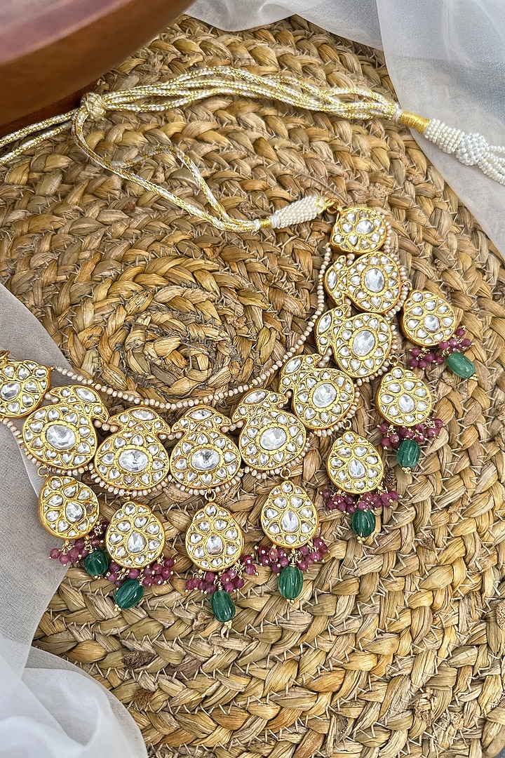 Gold Plated Kundan Polki Necklace Set In Sterling Silver by OSVAG INDIA at Pernia's Pop Up Shop
