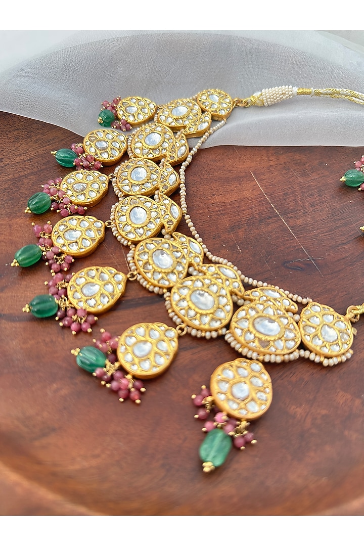 Gold Plated Kundan Polki Necklace Set In Sterling Silver by OSVAG INDIA at Pernia's Pop Up Shop