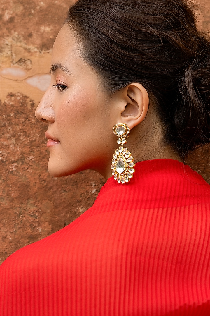 Gold Plated Kundan Polki Dangler Earrings In Sterling Silver by OSVAG INDIA at Pernia's Pop Up Shop