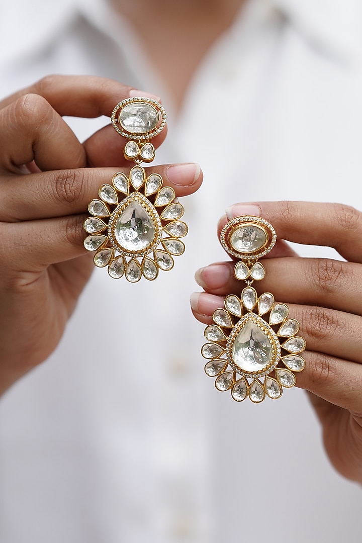 Gold Plated Kundan Polki Dangler Earrings In Sterling Silver by OSVAG INDIA at Pernia's Pop Up Shop