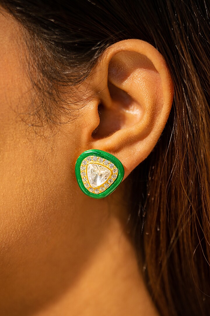 Gold Plated Kundan Polki Stud Earrings In Sterling Silver by OSVAG INDIA at Pernia's Pop Up Shop