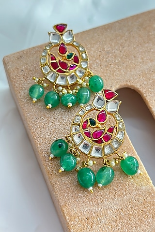 Gold Plated Kundan Polki Dangler Earrings In Sterling Silver by OSVAG INDIA