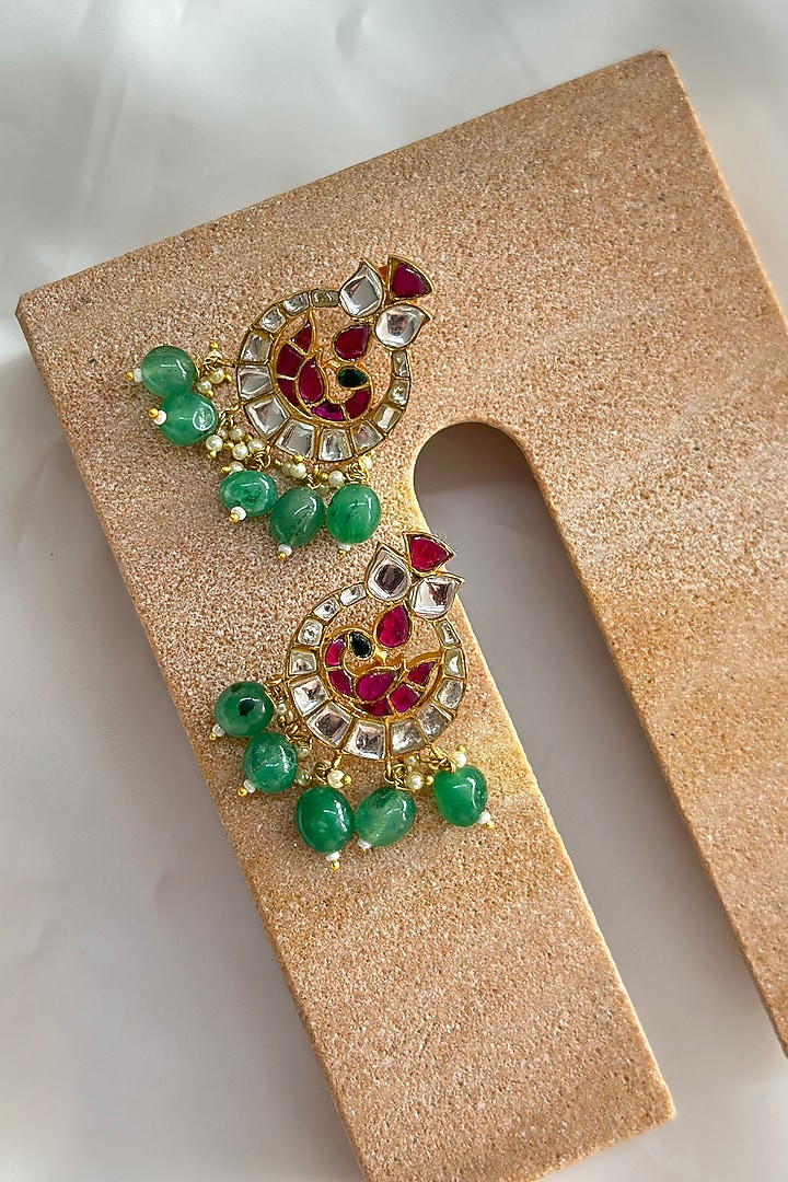 Gold Plated Kundan Polki Dangler Earrings In Sterling Silver by OSVAG INDIA at Pernia's Pop Up Shop