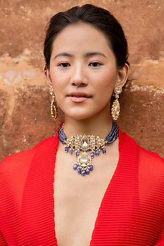 Gold Plated Kundan Polki Choker Necklace Set In Sterling Silver by OSVAG INDIA