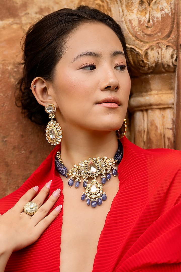 Gold Plated Kundan Polki Choker Necklace Set In Sterling Silver by OSVAG INDIA at Pernia's Pop Up Shop