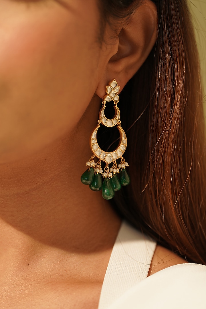 Gold Plated Kundan Polki Chandbaali Earrings In Sterling Silver by OSVAG INDIA at Pernia's Pop Up Shop