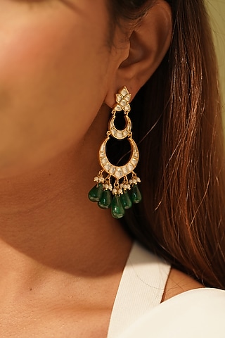 Gold Plated Kundan Polki Chandbaali Earrings In Sterling Silver by OSVAG INDIA