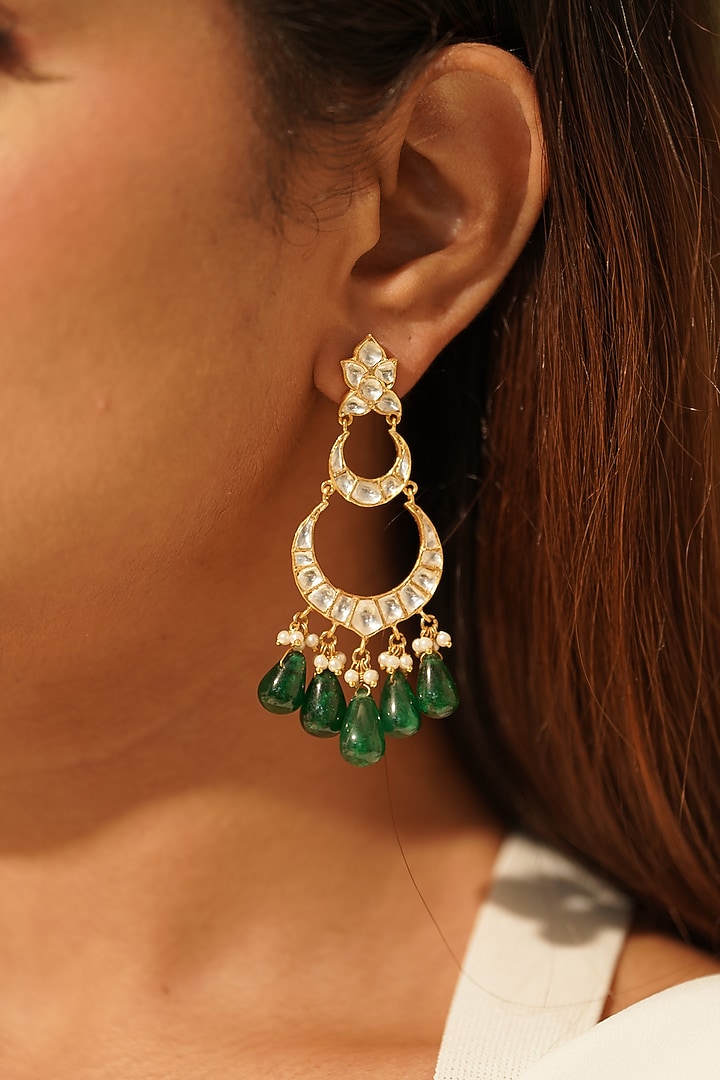 Gold Plated Kundan Polki Chandbaali Earrings In Sterling Silver by OSVAG INDIA at Pernia's Pop Up Shop