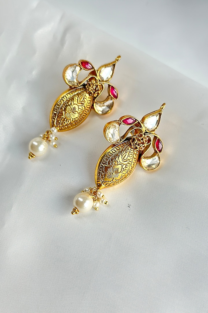 Gold Plated Kundan Polki Handcrafted Dangler Earrings In Sterling Silver by OSVAG INDIA at Pernia's Pop Up Shop