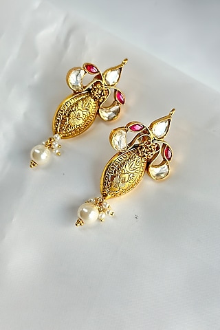 Gold Plated Kundan Polki Handcrafted Dangler Earrings In Sterling Silver by OSVAG INDIA