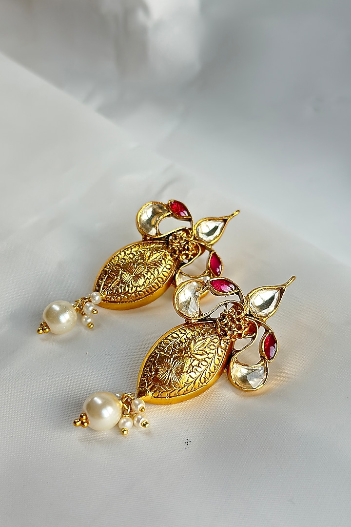 Gold Plated Kundan Polki Handcrafted Dangler Earrings In Sterling Silver by OSVAG INDIA at Pernia's Pop Up Shop