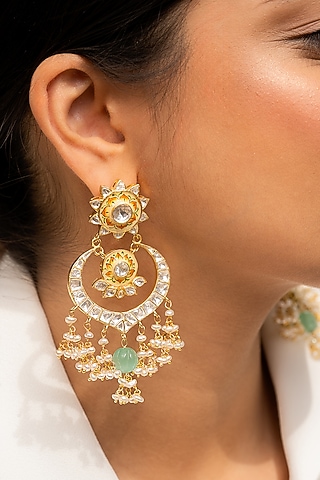 Gold Plated Kundan Polki Handcrafted Chandbali Earrings In Sterling Silver by OSVAG INDIA
