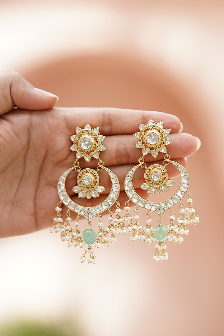Gold Plated Kundan Polki Handcrafted Chandbali Earrings In Sterling Silver by OSVAG INDIA at Pernia's Pop Up Shop