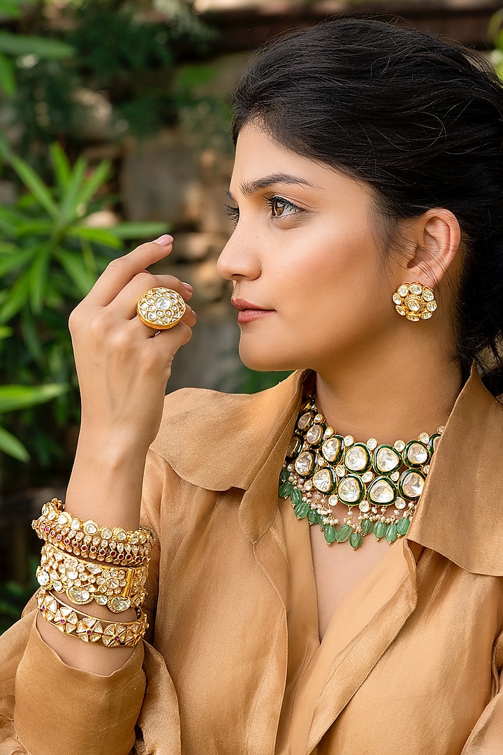 Gold Plated Kundan Polki Handcrafted Stud Earrings In Sterling Silver by OSVAG INDIA at Pernia's Pop Up Shop