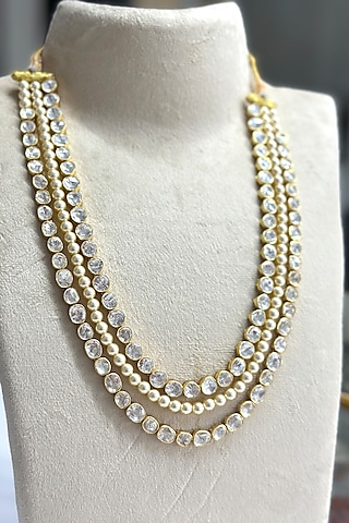 Gold Plated Kundan Polki Handcrafted Long Necklace Set In Sterling Silver by OSVAG INDIA