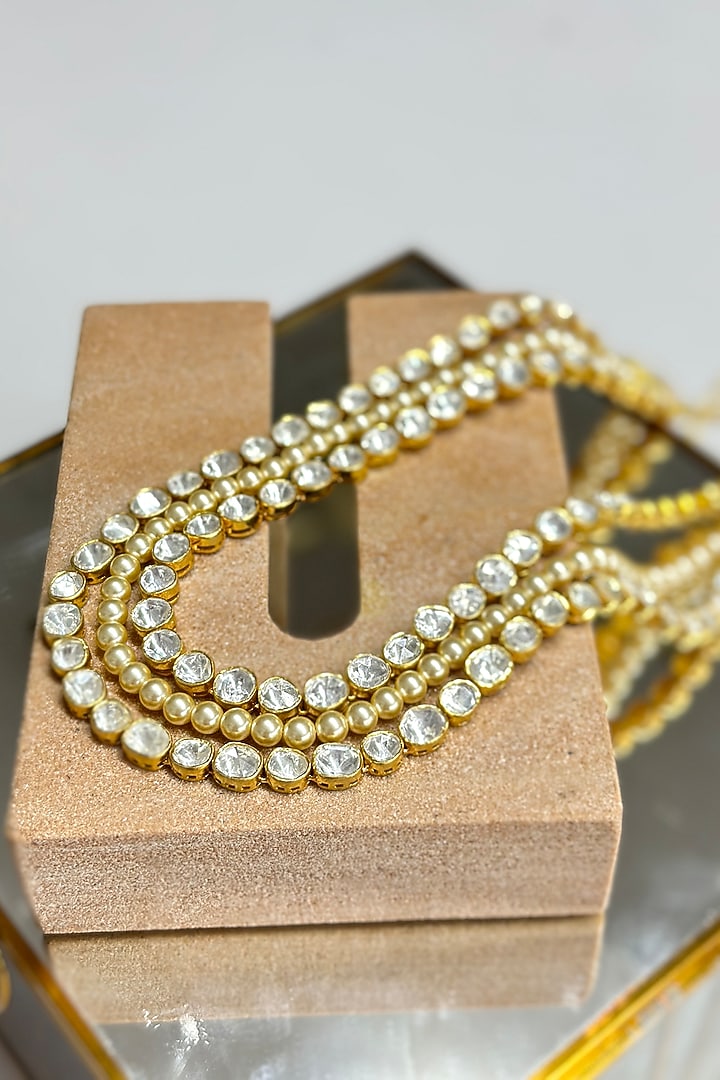 Gold Plated Kundan Polki Handcrafted Long Necklace Set In Sterling Silver by OSVAG INDIA at Pernia's Pop Up Shop