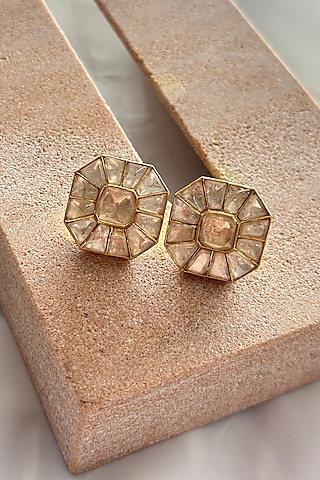 Gold Plated Kundan Polki Handcrafted Stud Earrings In Sterling Silver by OSVAG INDIA
