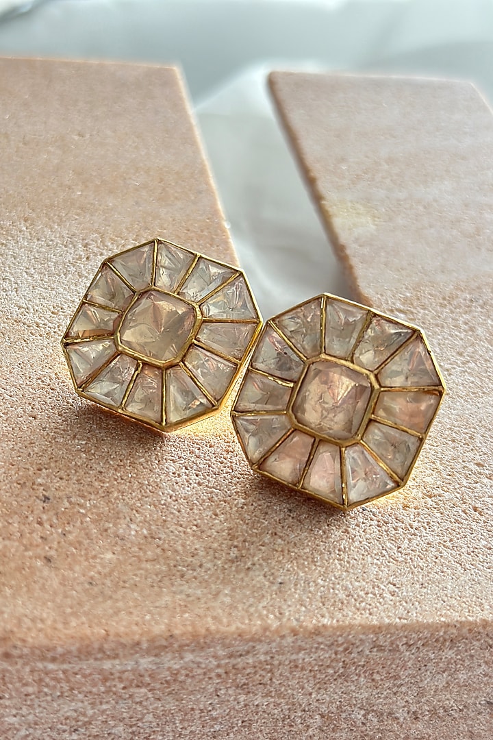 Gold Plated Kundan Polki Handcrafted Stud Earrings In Sterling Silver by OSVAG INDIA at Pernia's Pop Up Shop