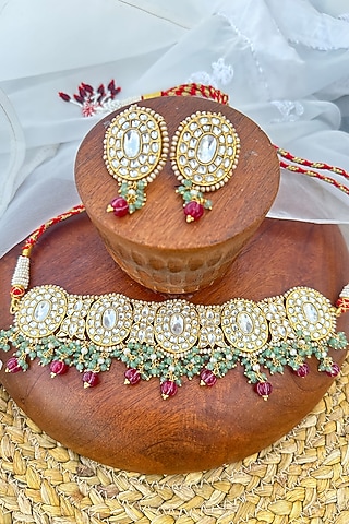 Gold Plated Green Kundan Polki Handcrafted Choker Necklace Set In Sterling Silver by OSVAG INDIA