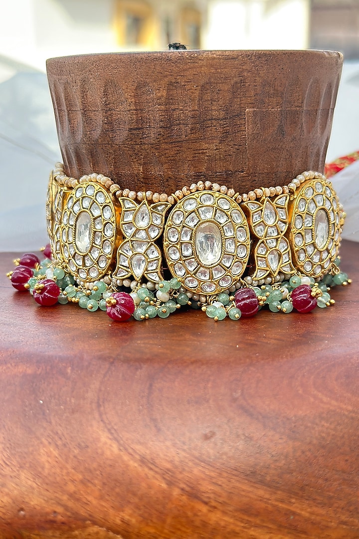 Gold Plated Green Kundan Polki Handcrafted Choker Necklace Set In Sterling Silver by OSVAG INDIA at Pernia's Pop Up Shop