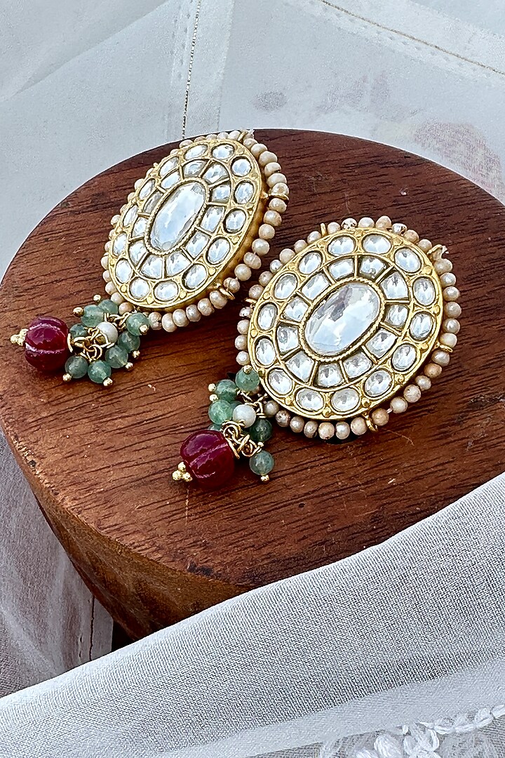 Gold Plated Green Kundan Polki Handcrafted Choker Necklace Set In Sterling Silver by OSVAG INDIA at Pernia's Pop Up Shop