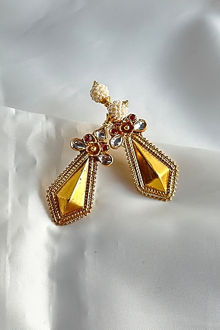 Gold Plated Kundan Polki Handcrafted Dangler Earrings In Sterling Silver by OSVAG INDIA