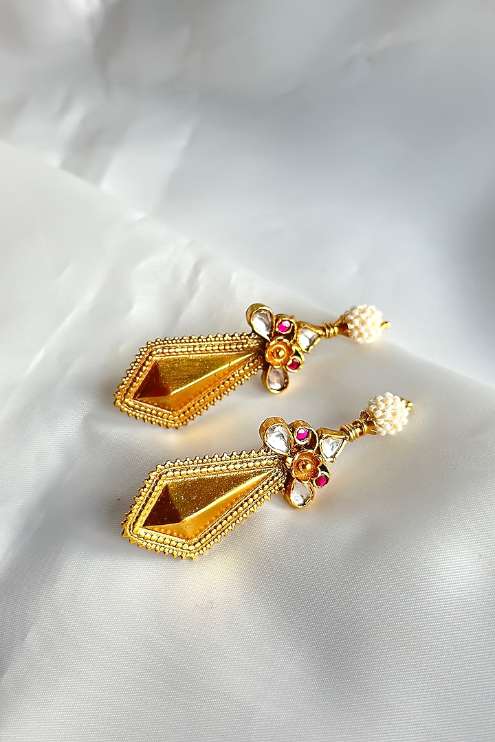 Gold Plated Kundan Polki Handcrafted Dangler Earrings In Sterling Silver by OSVAG INDIA at Pernia's Pop Up Shop