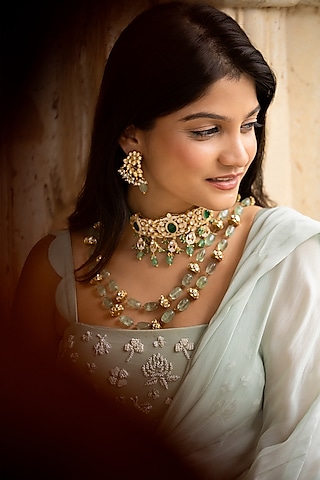 Gold Plated Kundan Polki Handcrafted Dangler Earrings In Sterling Silver by OSVAG INDIA