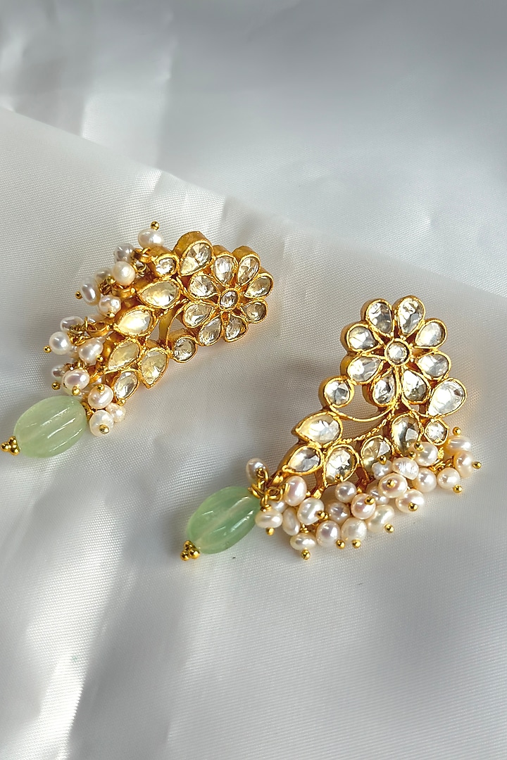 Gold Plated Kundan Polki Handcrafted Dangler Earrings In Sterling Silver by OSVAG INDIA at Pernia's Pop Up Shop