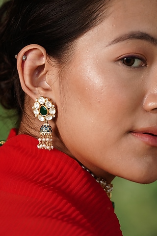 Gold Plated Kundan Polki Handcrafted Dangler Earrings In Sterling Silver by OSVAG INDIA