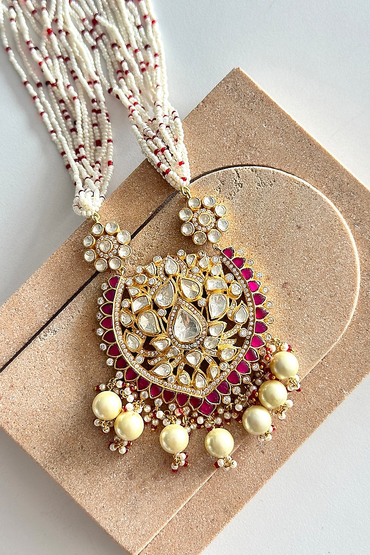 Gold Plated Red Kundan Polki Handcrafted Long Necklace In Sterling Silver by OSVAG INDIA at Pernia's Pop Up Shop