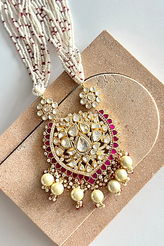 Gold Plated Red Kundan Polki Handcrafted Long Necklace In Sterling Silver by OSVAG INDIA