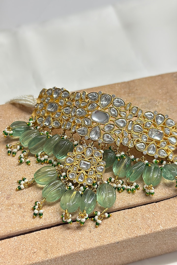 Gold Plated Green Kundan Polki Handcrafted Choker Necklace Set In Sterling Silver by OSVAG INDIA at Pernia's Pop Up Shop