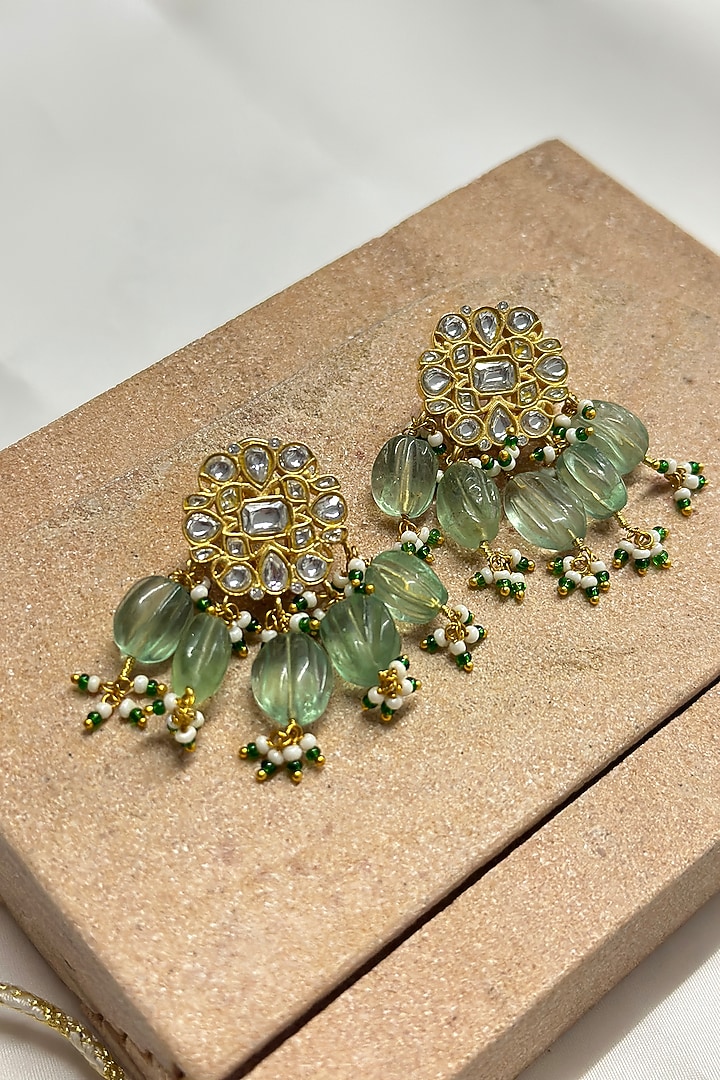 Gold Plated Green Kundan Polki Handcrafted Choker Necklace Set In Sterling Silver by OSVAG INDIA at Pernia's Pop Up Shop