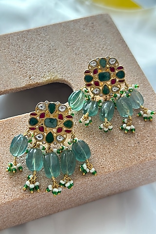 Gold Plated Green Kundan Polki Handcrafted Choker Necklace Set In Sterling Silver by OSVAG INDIA