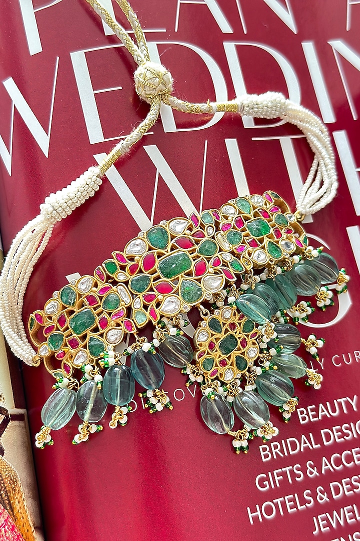 Gold Plated Green Kundan Polki Handcrafted Choker Necklace Set In Sterling Silver by OSVAG INDIA at Pernia's Pop Up Shop