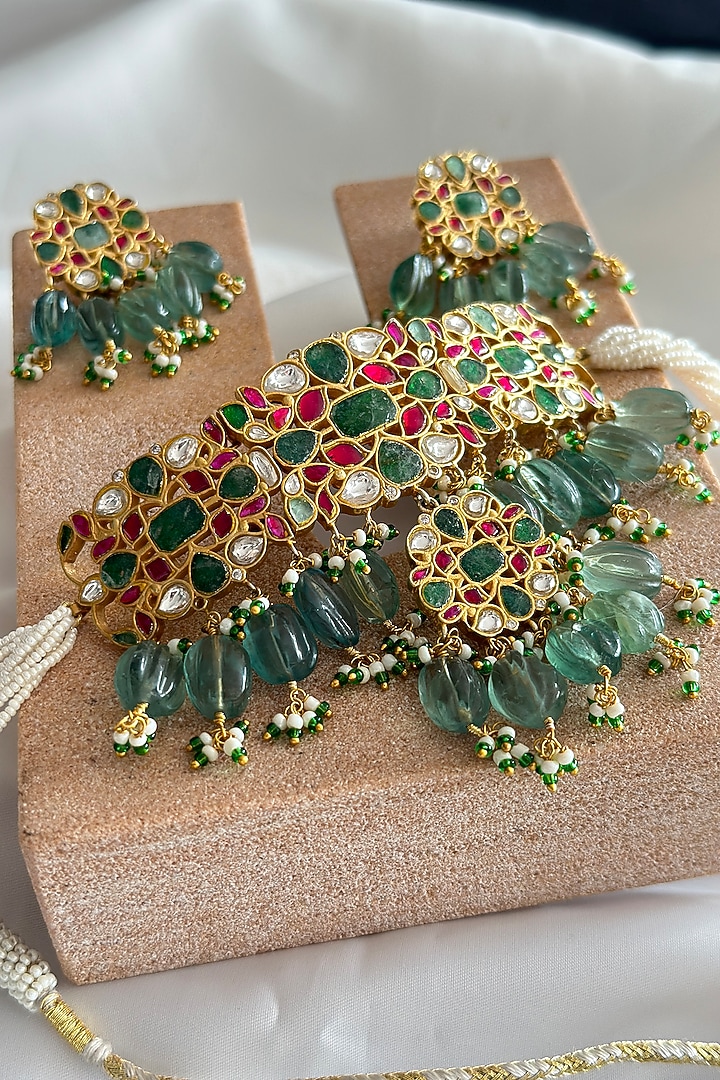 Gold Plated Green Kundan Polki Handcrafted Choker Necklace Set In Sterling Silver by OSVAG INDIA at Pernia's Pop Up Shop
