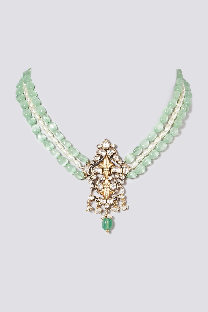 Gold Plated Kundan Polki Necklace In Sterling Silver by OSVAG INDIA at Pernia's Pop Up Shop