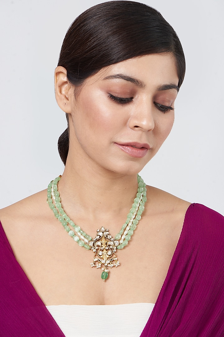 Gold Plated Kundan Polki Necklace In Sterling Silver by OSVAG INDIA at Pernia's Pop Up Shop