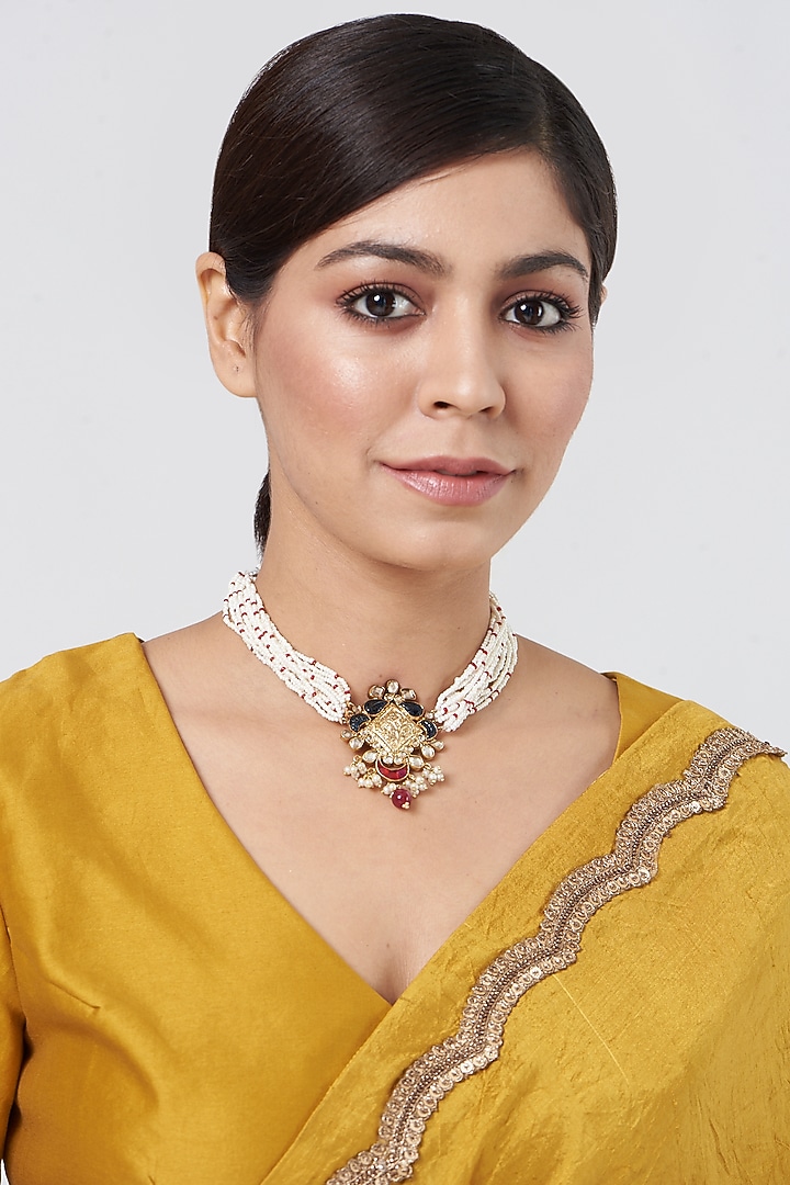 Gold Plated Kundan Polki Choker Necklace In Sterling Silver by OSVAG INDIA at Pernia's Pop Up Shop