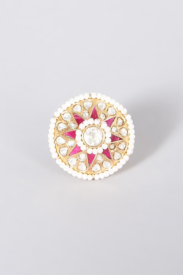 Gold Plated Kundan Polki Adjustable Ring In Sterling Silver by OSVAG INDIA at Pernia's Pop Up Shop