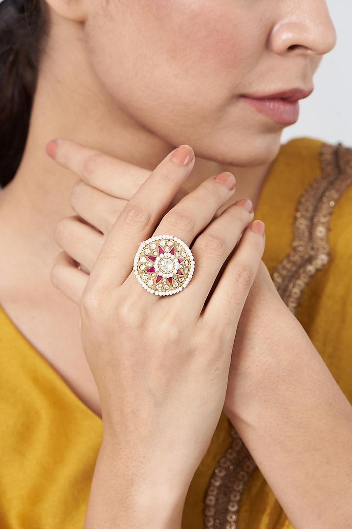 Gold Plated Kundan Polki Adjustable Ring In Sterling Silver by OSVAG INDIA