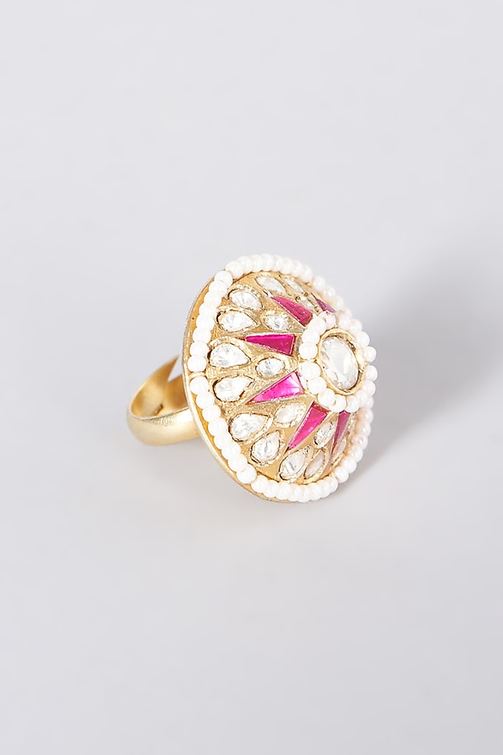 Gold Plated Kundan Polki Adjustable Ring In Sterling Silver by OSVAG INDIA at Pernia's Pop Up Shop