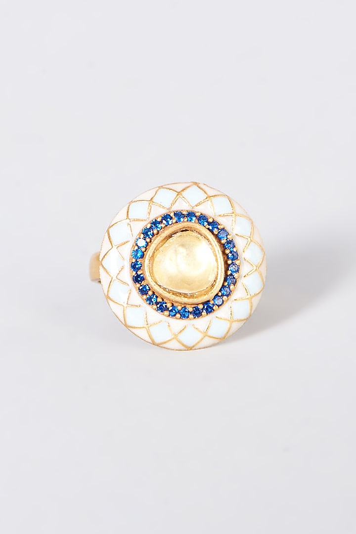Gold Plated Adjustable Ring With Kundan Polki In Sterling Silver by OSVAG INDIA at Pernia's Pop Up Shop