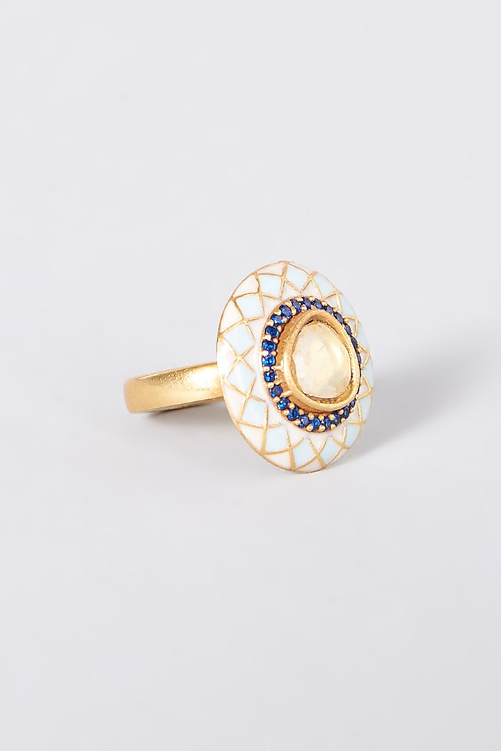 Gold Plated Adjustable Ring With Kundan Polki In Sterling Silver by OSVAG INDIA at Pernia's Pop Up Shop