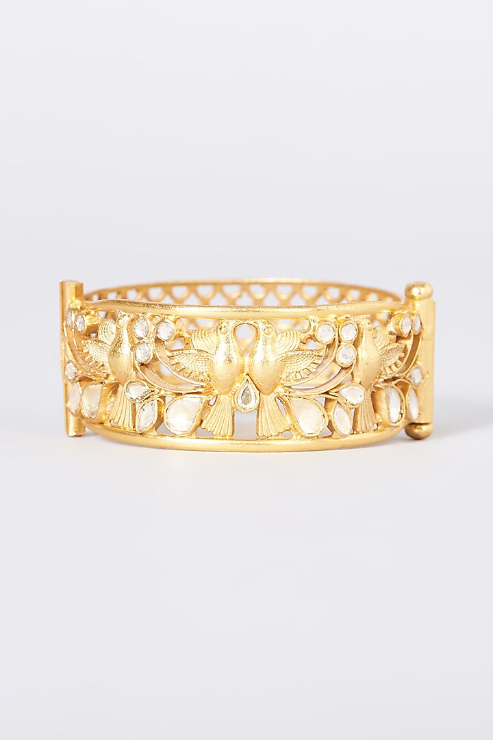 Gold Plated Kundan Polki Temple Bangle In Sterling Silver by OSVAG INDIA at Pernia's Pop Up Shop
