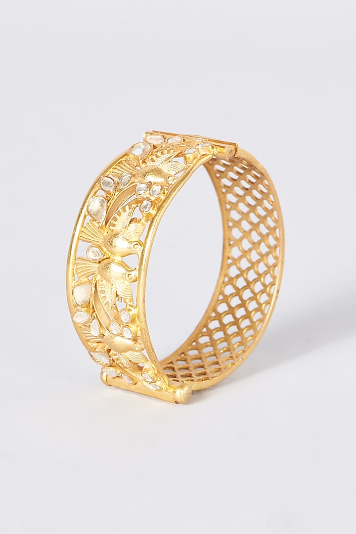 Gold Plated Kundan Polki Temple Bangle In Sterling Silver by OSVAG INDIA at Pernia's Pop Up Shop