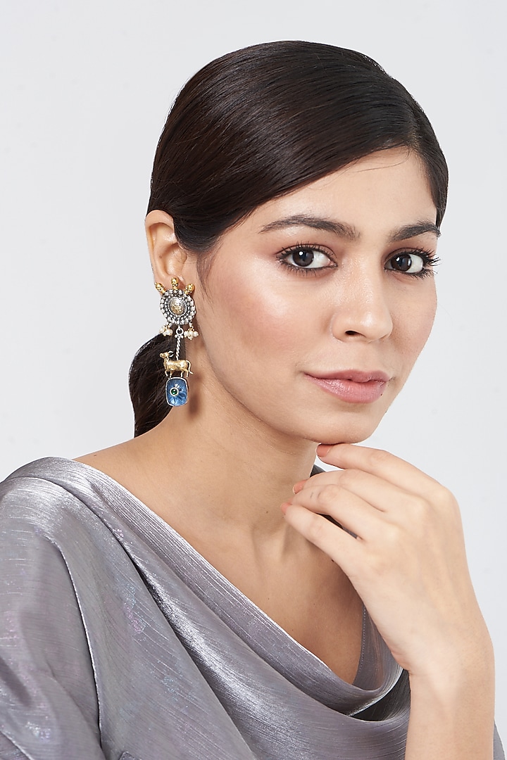 Gold Plated Synthetic Stones Earrings In Sterling Silver by OSVAG INDIA