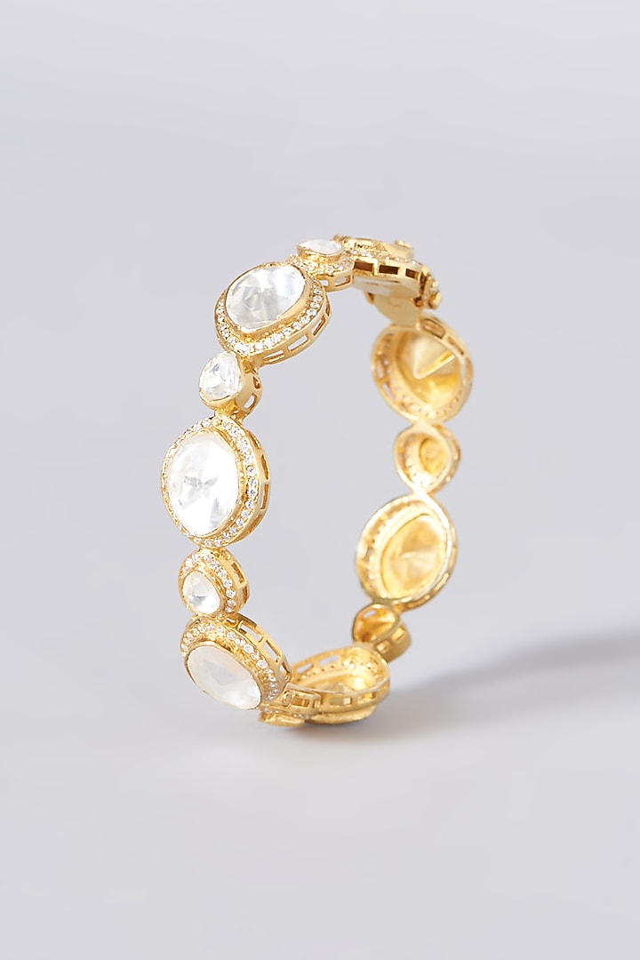 Gold Plated Kundan Polki Adjustable Bangle In Sterling Silver by OSVAG INDIA at Pernia's Pop Up Shop